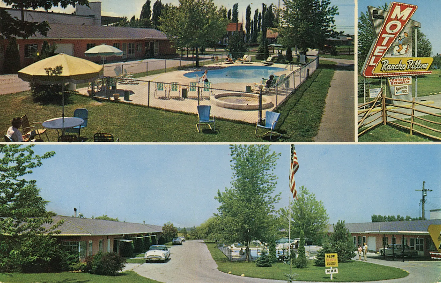 Rancho Pillow Motel original property in the 1960s — pool area and iconic sign