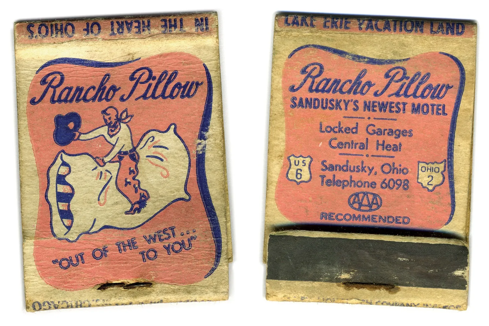Vintage Rancho Pillow Motel matchbooks with cowboy logo