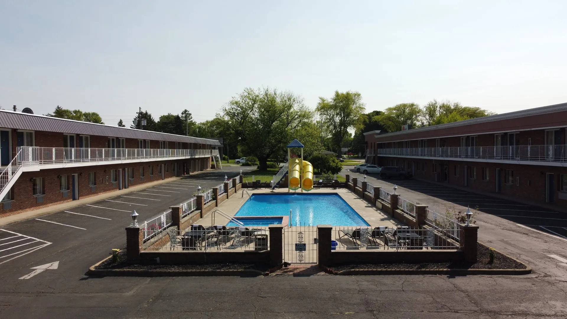Aerial view of South Shore Inn pool and property